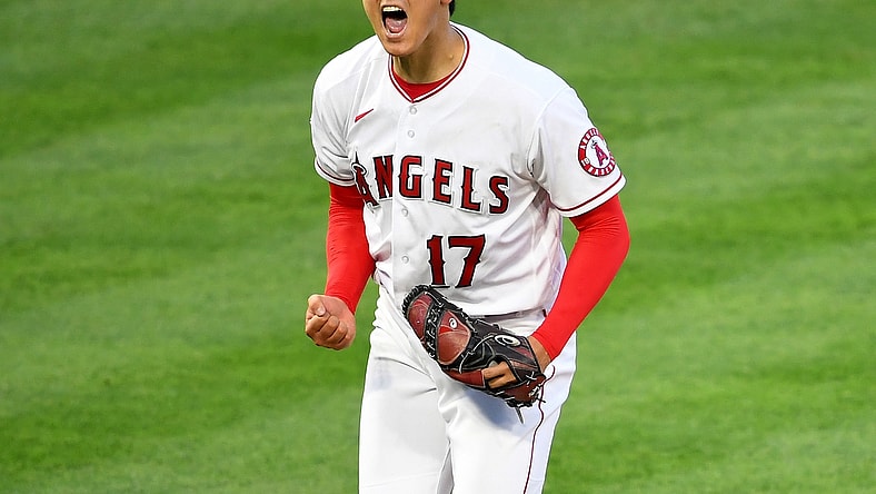 Apr 4, 2021; Anaheim, California, USA;  Los Angeles Angels starting pitcher Shohei Ohtani (17) reacts after a strike out for the final out of the third inning of the game against the Chicago White Sox at Angel Stadium. Mandatory Credit: Jayne Kamin-Oncea-USA TODAY Sports