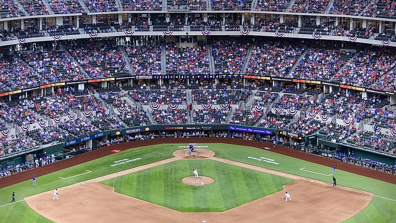 Apr 5, 2021; Arlington, Texas, USA; A view of the field and the stands and the fans during the game between the Texas Rangers and the Toronto Blue Jays at Globe Life Field. Mandatory Credit: Jerome Miron-USA TODAY Sports