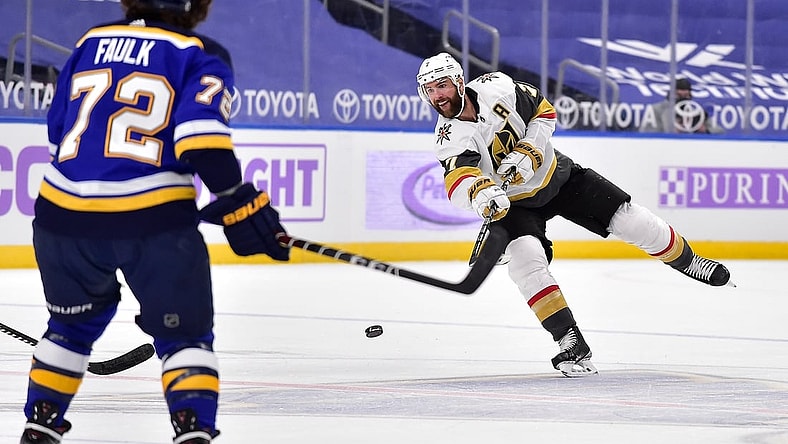 Apr 5, 2021; St. Louis, Missouri, USA;  Vegas Golden Knights defenseman Alex Pietrangelo (7) moves the puck up ice during the first period against the St. Louis Blues at Enterprise Center. Mandatory Credit: Jeff Curry-USA TODAY Sports