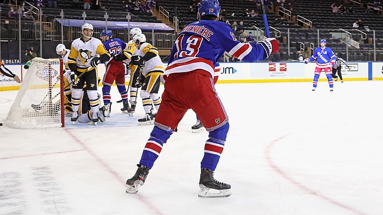 Apr 6, 2021; New York, New York, USA; Alexis Lafreniere #13 of the New York Rangers celebrates his goal at 12:20 of the second period against the Pittsburgh Penguins at Madison Square Garden on April 06, 2021 in New York City. Mandatory Credit: Bruce Bennett/POOL PHOTOS-USA TODAY Sports