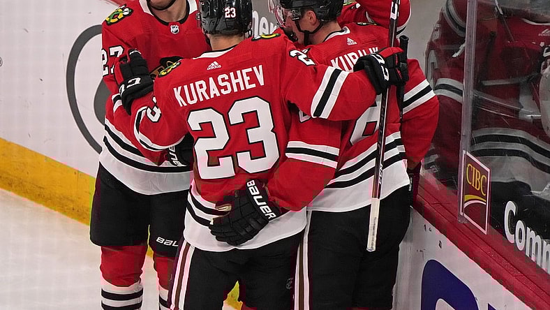 Apr 6, 2021; Chicago, Illinois, USA; Chicago Blackhawks left wing Dominik Kubalik (8) reacts after scoring a goal against the Dallas Stars during the second period at the United Center. Mandatory Credit: Mike Dinovo-USA TODAY Sports