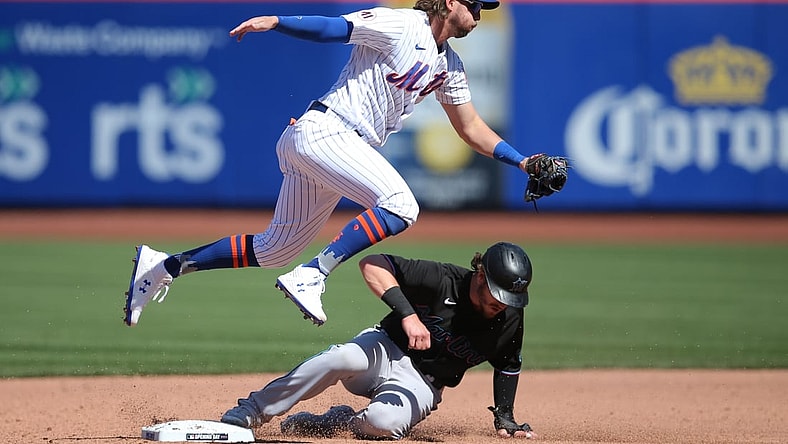 Apr 8, 2021; New York City, New York, USA; New York Mets second baseman Jeff McNeil (6) forces out Miami Marlins third baseman Brian Anderson (15) at second base on a fielders choice by right fielder Adam Duvall (not pictured) during the fifth inning of an opening day game at Citi Field. Mandatory Credit: Brad Penner-USA TODAY Sports