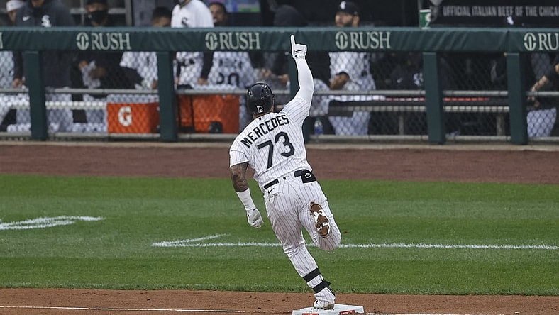 Apr 8, 2021; Chicago, Illinois, USA; Chicago White Sox catcher Yermin Mercedes (73) gestures as he rounds the bases after hitting a home run against the Kansas City Royals during the first inning at Guaranteed Rate Field. Mandatory Credit: Kamil Krzaczynski-USA TODAY Sports