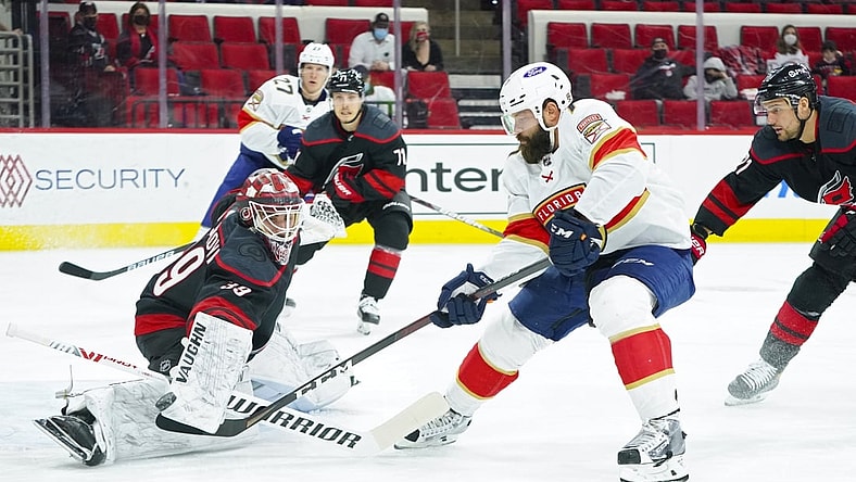 Apr 8, 2021; Raleigh, North Carolina, USA; Carolina Hurricanes goaltender Alex Nedeljkovic (39) stops a shot by Florida Panthers defenseman Radko Gudas (7) during the first period at PNC Arena. Mandatory Credit: James Guillory-USA TODAY Sports