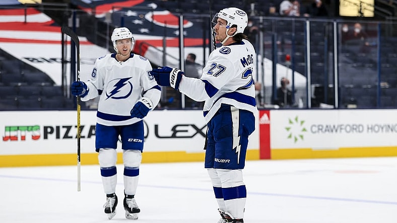 Apr 8, 2021; Columbus, Ohio, USA; Tampa Bay Lightning defenseman Ryan McDonagh (27) celebrates with teammates after scoring a goal against the Columbus Blue Jackets in the second period at Nationwide Arena. Mandatory Credit: Aaron Doster-USA TODAY Sports