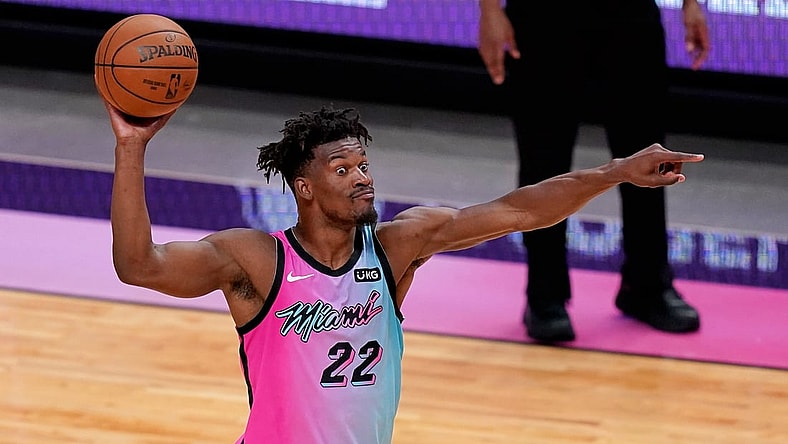Apr 8, 2021; Miami, Florida, USA; Miami Heat forward Jimmy Butler (22) directs a play against the Los Angeles Lakers during the second half at American Airlines Arena. Mandatory Credit: Jasen Vinlove-USA TODAY Sports