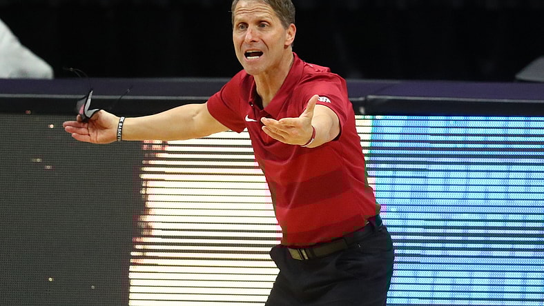 Mar 29, 2021; Indianapolis, Indiana, USA; Arkansas Razorbacks head coach Eric Musselman reacts against the Baylor Bears during the Elite Eight of the 2021 NCAA Tournament at Lucas Oil Stadium. Mandatory Credit: Mark J. Rebilas-USA TODAY Sports