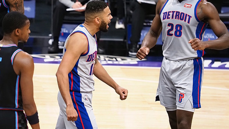 Apr 8, 2021; Sacramento, California, USA; Detroit Pistons guard Cory Joseph (18) celebrates with forward-center Isaiah Stewart (28) after a play against the Sacramento Kings during the second quarter at Golden 1 Center. Mandatory Credit: Kelley L Cox-USA TODAY Sports