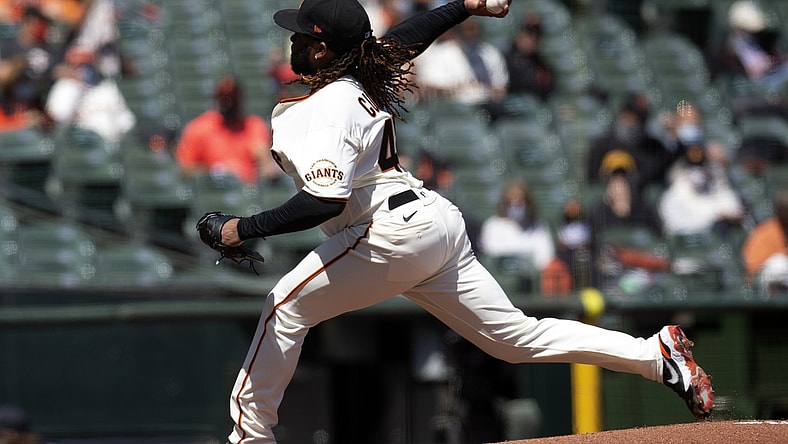 Apr 9, 2021; San Francisco, California, USA; San Francisco Giants starting pitcher Johnny Cueto (47) delivers a pitch against the Colorado Rockies during the first inning of a Major League Baseball game at Oracle Park. Mandatory Credit: D. Ross Cameron-USA TODAY Sports