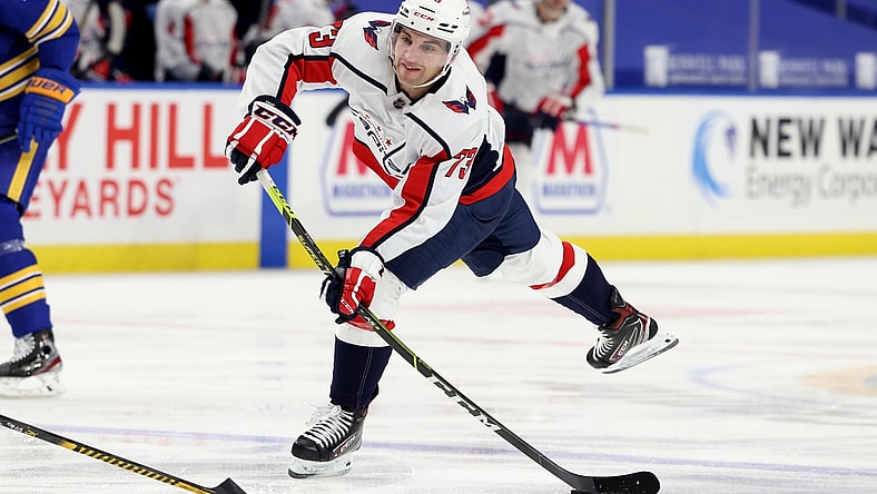 Apr 9, 2021; Buffalo, New York, USA; Washington Capitals left wing Conor Sheary (73) takes a shot on goal during the third period against the Buffalo Sabres at KeyBank Center. Mandatory Credit: Timothy T. Ludwig-USA TODAY Sports