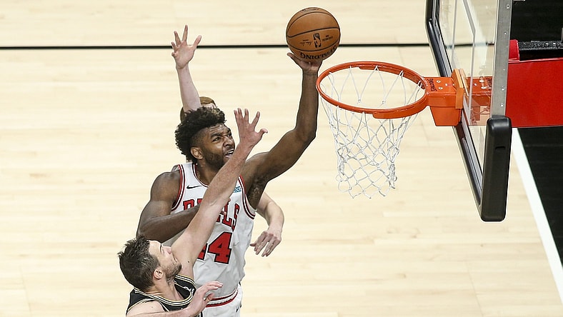 Apr 9, 2021; Atlanta, Georgia, USA; Chicago Bulls forward Patrick Williams (44) shoots past Atlanta Hawks forward Danilo Gallinari (8) in the fourth quarter at State Farm Arena. Mandatory Credit: Brett Davis-USA TODAY Sports