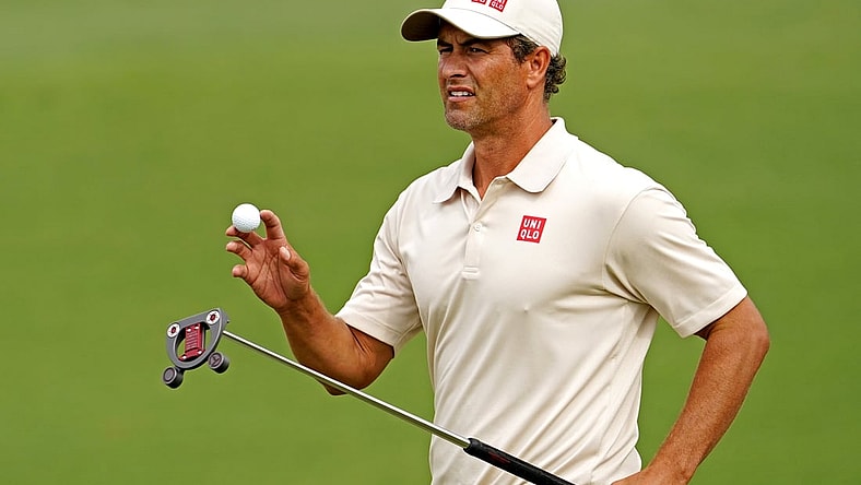 Apr 10, 2021; Augusta, Georgia, USA; Adam Scott reacts to his putt on the second green during the third round of The Masters golf tournament. Mandatory Credit: Michael Madrid-USA TODAY Sports
