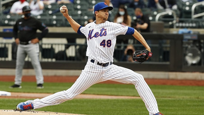 Apr 10, 2021; New York City, New York, USA; New York Mets starting pitcher Jacob deGrom (48) pitches against the Miami Marlins during the first inning at Citi Field. Mandatory Credit: Andy Marlin-USA TODAY Sports