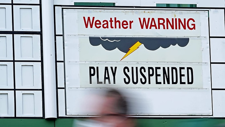 Apr 10, 2021; Augusta, Georgia, USA; A leaderboard shows that play has been suspended during the third round of The Masters golf tournament. Mandatory Credit: Michael Madrid-USA TODAY Sports