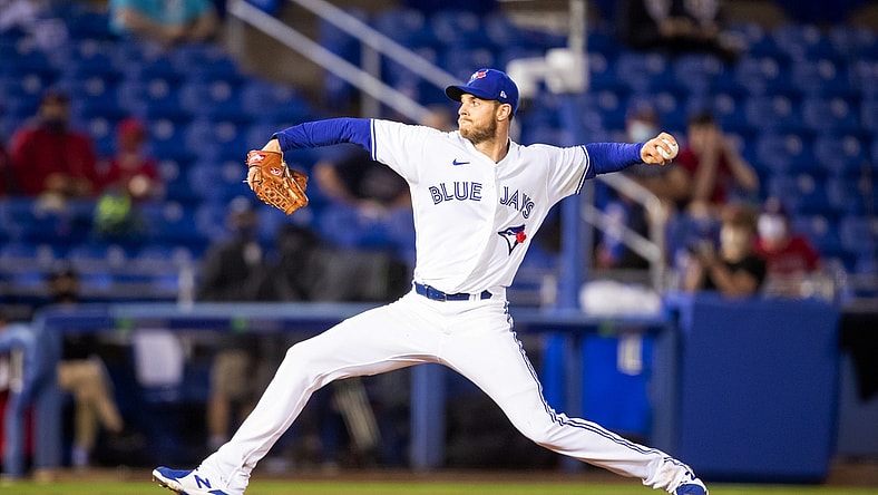 Apr 10, 2021; Dunedin, Florida, USA; Toronto Blue Jays starting pitcher Steven Matz (22) delivers a pitch against the Los Angeles Angels during the second inning at TD Ballpark. Mandatory Credit: Mary Holt-USA TODAY Sports
