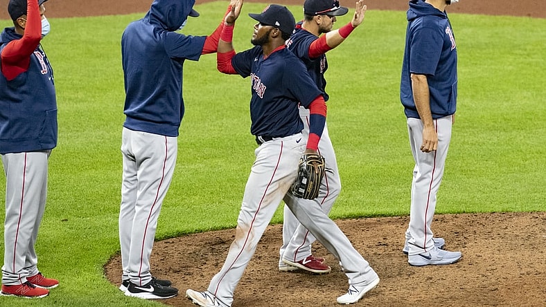 Apr 10, 2021; Baltimore, Maryland, USA;  Boston Red Sox center fielder Franchy Cordero (16) celebrates with teammates after defeating Baltimore Orioles at Oriole Park at Camden Yards. Mandatory Credit: Tommy Gilligan-USA TODAY Sports
