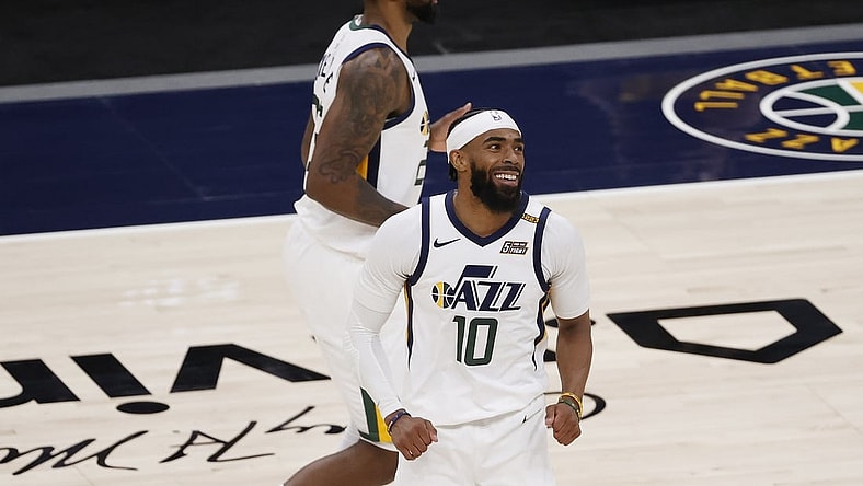 Apr 10, 2021; Salt Lake City, Utah, USA; Utah Jazz guard Mike Conley (10) reacts after hitting a three-pointer in the fourth quarter against the Sacramento Kings at Vivint Smart Home Arena. Mandatory Credit: Jeffrey Swinger-USA TODAY Sports