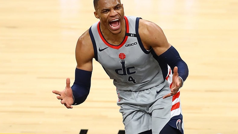 Apr 10, 2021; Phoenix, Arizona, USA; Washington Wizards guard Russell Westbrook (4) reacts against the Phoenix Suns in the second half at Phoenix Suns Arena. Mandatory Credit: Mark J. Rebilas-USA TODAY Sports