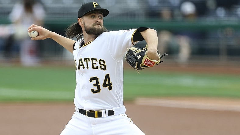 Apr 11, 2021; Pittsburgh, Pennsylvania, USA;  Pittsburgh Pirates starting pitcher JT Brubaker (34) delivers a pitch against the Chicago Cubs during the first inning at PNC Park. Mandatory Credit: Charles LeClaire-USA TODAY Sports