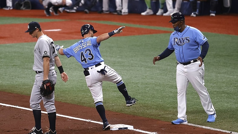 Apr 11, 2021; St. Petersburg, Florida, USA; Tampa Bay Rays third baseman Mike Brosseau (43) singles during the second inning against the New York Yankees at Tropicana Field. Mandatory Credit: Kim Klement-USA TODAY Sports