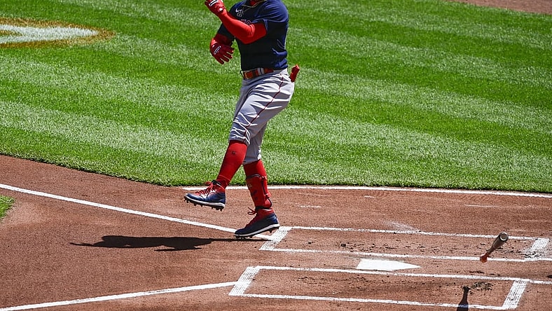 Apr 11, 2021; Baltimore, Maryland, USA;  Boston Red Sox center fielder Alex Verdugo (99) reacts after being hit by a pitch in the first inning against the Baltimore Orioles at Oriole Park at Camden Yards. Mandatory Credit: Tommy Gilligan-USA TODAY Sports