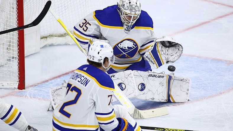 Apr 11, 2021; Philadelphia, Pennsylvania, USA; Buffalo Sabres goalie Linus Ullmark (35) makes a save in the first period against the Philadelphia Flyers at Wells Fargo Center. Mandatory Credit: Kyle Ross-USA TODAY Sports