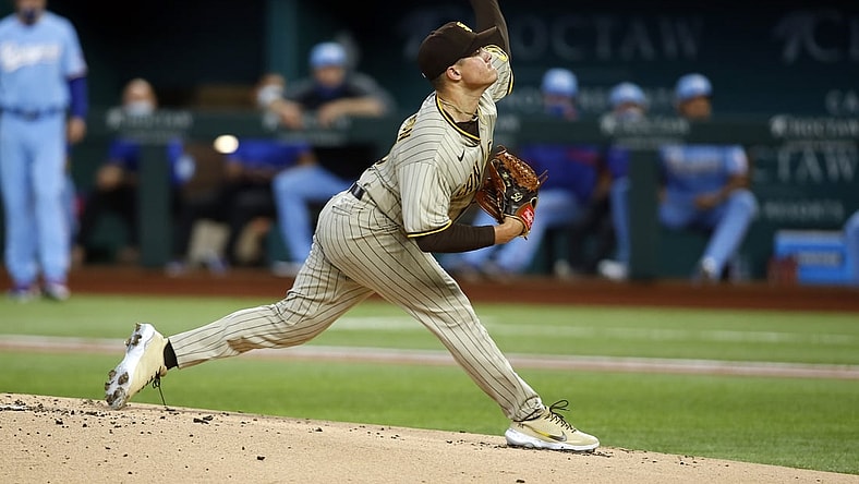 Apr 11, 2021; Arlington, Texas, USA; San Diego Padres starting pitcher Adrian Morejon (50) throws a pitch in the first inning against the Texas Rangers  at Globe Life Field. Mandatory Credit: Tim Heitman-USA TODAY Sports