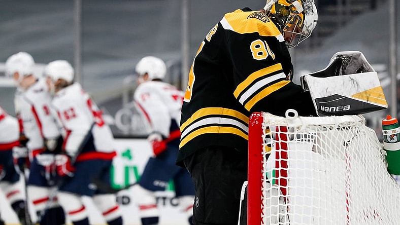 Apr 11, 2021; Boston, Massachusetts, USA; Boston Bruins goalie Dan Vladar (80) reacts after a goal during the second period against the Washington Capitals at TD Garden. Mandatory Credit: Paul Rutherford-USA TODAY Sports