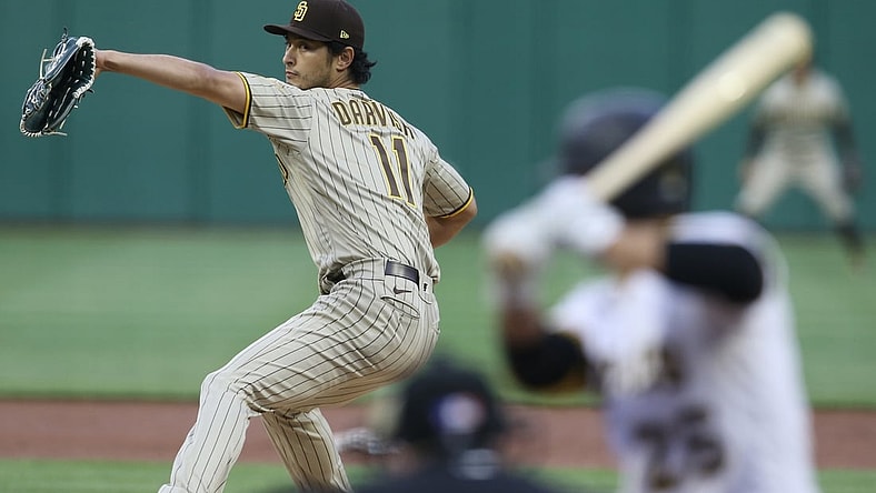 Apr 12, 2021; Pittsburgh, Pennsylvania, USA;  San Diego Padres starting pitcher Yu Darvish (11) pitches to Pittsburgh Pirates second baseman Adam Frazier (26) during the first inning at PNC Park. Mandatory Credit: Charles LeClaire-USA TODAY Sports