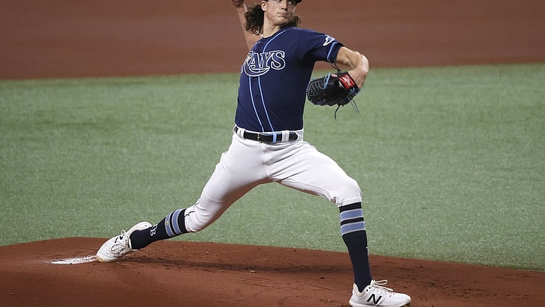 Apr 12, 2021; St. Petersburg, Florida, USA;  Tampa Bay Rays starting pitcher Tyler Glasnow (20) throws against the Texas Rangers during the first inning at Tropicana Field. Mandatory Credit: Kim Klement-USA TODAY Sports