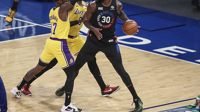 Apr 12, 2021; New York, New York, USA;  New York Knicks forward Julius Randle (30) is double teamed against the Los Angeles Lakers in the first quarter at Madison Square Garden. Mandatory Credit: Wendell Cruz-USA TODAY Sports