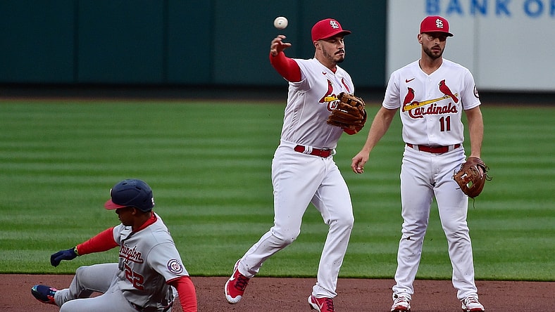 Apr 12, 2021; St. Louis, Missouri, USA;  St. Louis Cardinals third baseman Nolan Arenado (28) forces out Washington Nationals right fielder Juan Soto (22) and throws to first to complete the double play during the first inning at Busch Stadium. Mandatory Credit: Jeff Curry-USA TODAY Sports
