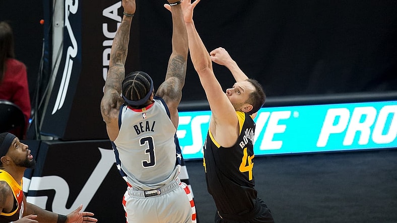 Apr 12, 2021; Salt Lake City, Utah, USA; Washington Wizards guard Bradley Beal (3) shoots the ball against Utah Jazz forward Bojan Bogdanovic (44) during the first half at Vivint Smart Home Arena. Mandatory Credit: Russell Isabella-USA TODAY Sports