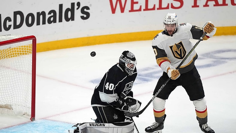 Apr 12, 2021; Los Angeles, California, USA; LA Kings goaltender Calvin Petersen (40) defends the goal against Vegas Golden Knights center Nicolas Roy (10) in the second period at Staples Center. Mandatory Credit: Kirby Lee-USA TODAY Sports