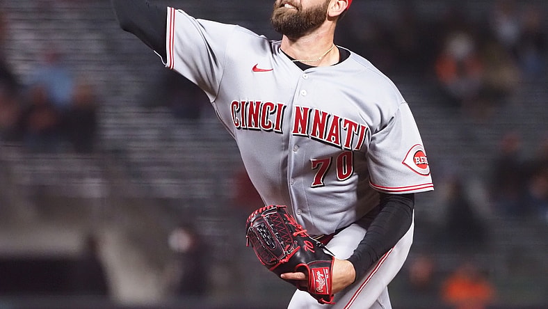 Apr 12, 2021; San Francisco, California, USA; Cincinnati Reds relief pitcher Tejay Antone (70) pitches the ball against the San Francisco Giants during the eighth inning at Oracle Park. Mandatory Credit: Kelley L Cox-USA TODAY Sports