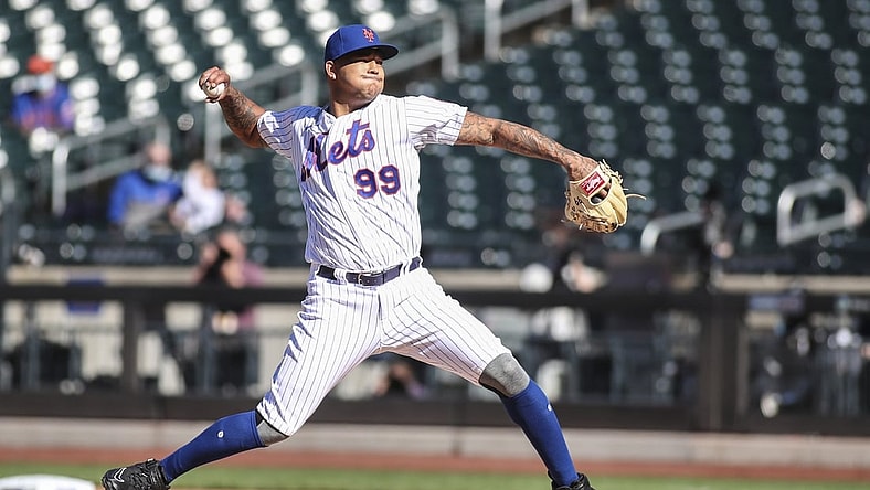 Apr 13, 2021; New York City, New York, USA; New York Mets pitcher Taijuan Walker (99) pitches in the first inning against the Philadelphia Phillies at Citi Field. Mandatory Credit: Wendell Cruz-USA TODAY Sports
