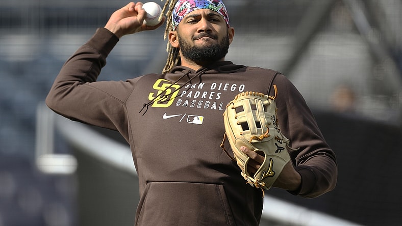 Apr 13, 2021; Pittsburgh, Pennsylvania, USA;  San Diego Padres shortstop Fernando Tatis Jr. (23) plays catch on the field before the game against the Pittsburgh Pirates at PNC Park. Mandatory Credit: Charles LeClaire-USA TODAY Sports