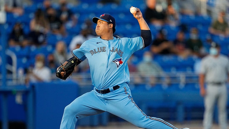 Apr 13, 2021; Dunedin, Florida, CAN;  Toronto Blue Jays starting pitcher Hyun Jin Ryu (99) throws against the New York Yankees in the first inning at TD Ballpark. Mandatory Credit: Nathan Ray Seebeck-USA TODAY Sports