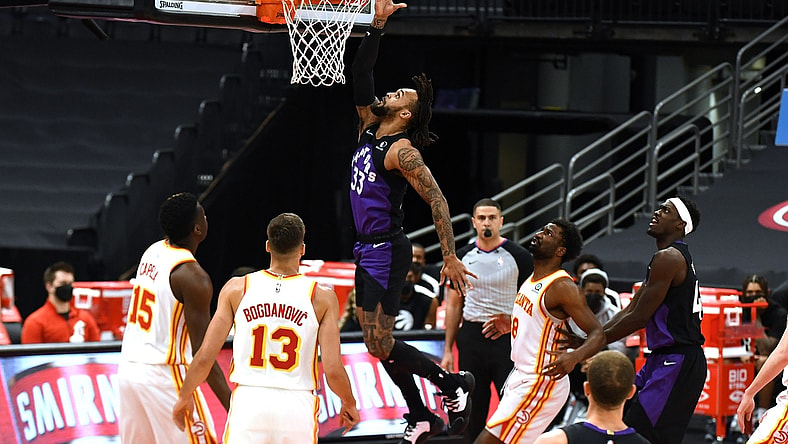 Apr 13, 2021; Tampa, Florida, USA; Toronto Raptors guard Gary Trent Jr. (33) goes to the basket during the first quarter against the Atlanta Hawks at Amalie Arena. Mandatory Credit: Jonathan Dyer-USA TODAY Sports