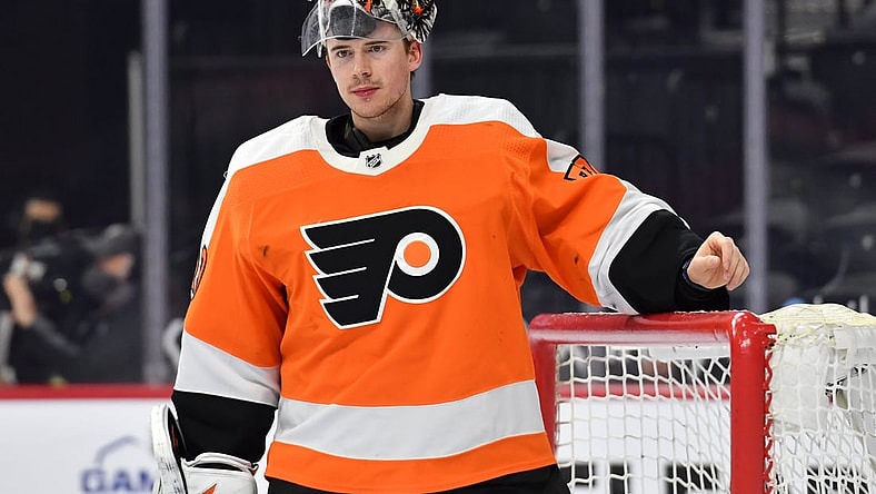 Apr 6, 2021; Philadelphia, Pennsylvania, USA; Philadelphia Flyers goaltender Carter Hart (79) against the Boston Bruins at Wells Fargo Center. Mandatory Credit: Eric Hartline-USA TODAY Sports
