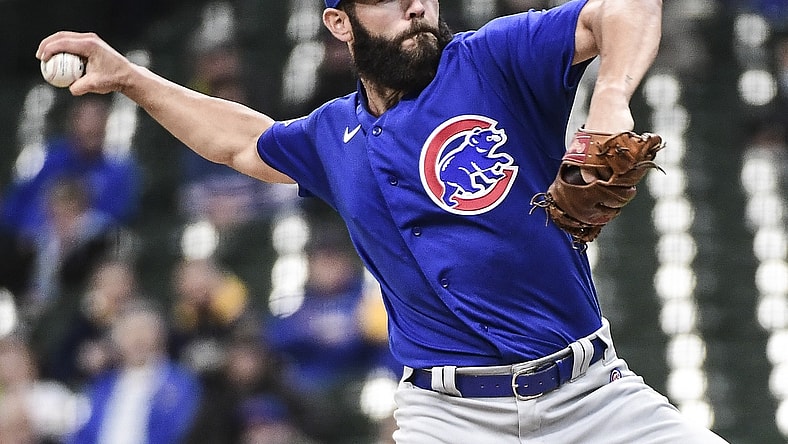 Apr 14, 2021; Milwaukee, Wisconsin, USA; Chicago Cubs pitcher Jake Arrieta (49) throws a pitch in the first inning against the Milwaukee Brewers at American Family Field. Mandatory Credit: Benny Sieu-USA TODAY Sports