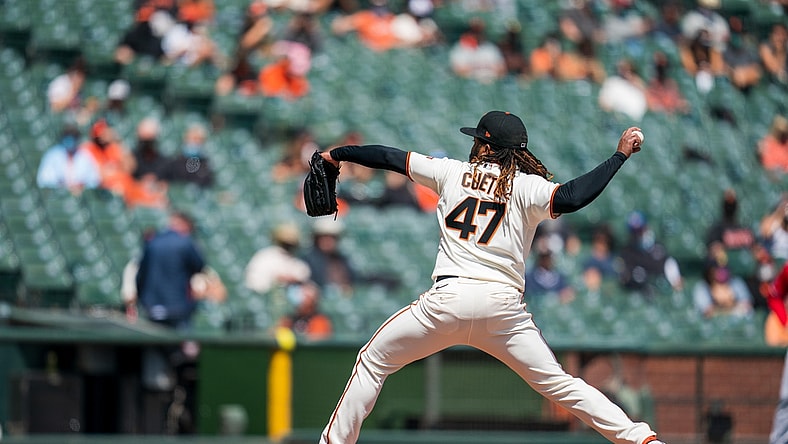 Apr 14, 2021; San Francisco, California, USA;  San Francisco Giants starting pitcher Johnny Cueto (47) delivers a pitch against the Cincinnati Reds during the first inning. Mandatory Credit: Neville E. Guard-USA TODAY Sports