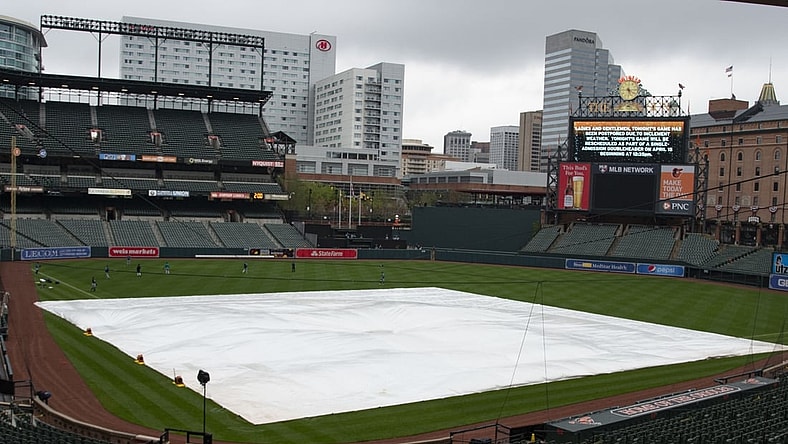 Apr 14, 2021; Baltimore, Maryland, USA;  The game between the Seattle Mariners at Baltimore Orioles has been postponed due to inclement weather at Oriole Park at Camden Yards. Mandatory Credit: Tommy Gilligan-USA TODAY Sports