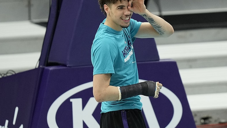 Apr 14, 2021; Charlotte, North Carolina, USA; Charlotte Hornets guard LaMelo Ball (2) on the court during pre game shoot a round before the game against the Cleveland Cavaliers at the Spectrum Center. Mandatory Credit: Jim Dedmon-USA TODAY Sports