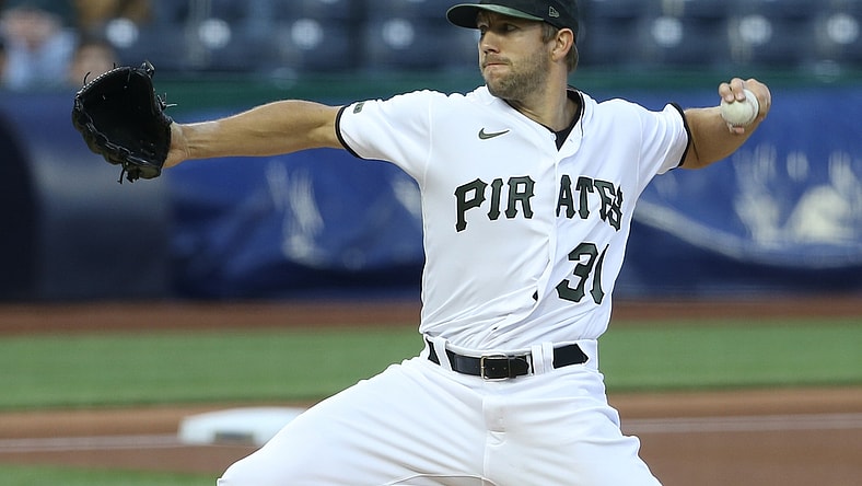 Apr 14, 2021; Pittsburgh, Pennsylvania, USA; Pittsburgh Pirates starting pitcher Tyler Anderson (31) pitches against the San Diego Padres during the first inning at PNC Park. Mandatory Credit: Charles LeClaire-USA TODAY Sports