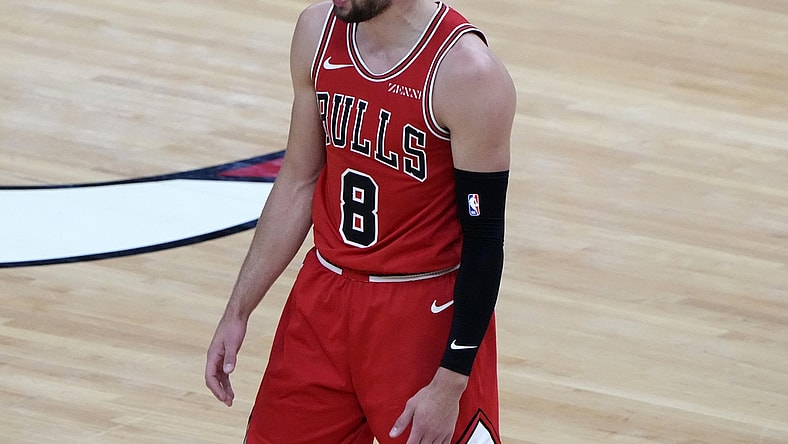 Apr 14, 2021; Chicago, Illinois, USA; Chicago Bulls guard Zach LaVine (8) reacts after a foul call during the second quarter against the Orlando Magic at the United Center. Mandatory Credit: Mike Dinovo-USA TODAY Sports