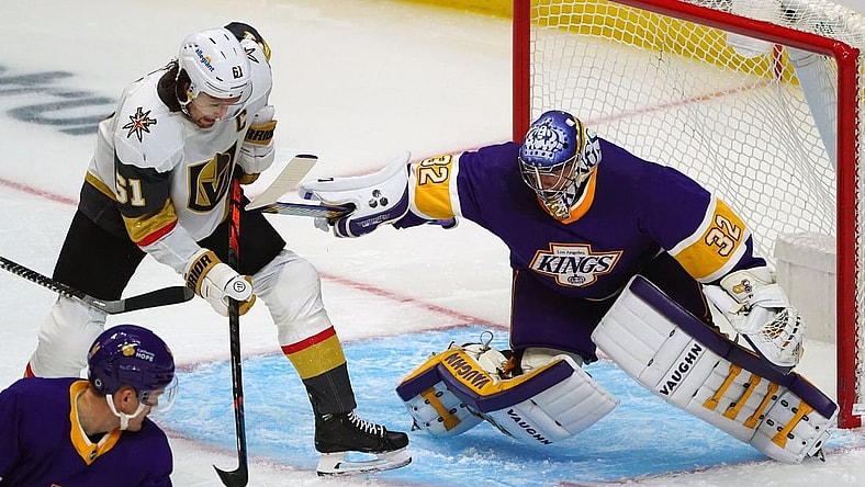Apr 14, 2021; Los Angeles, California, USA; Vegas Golden Knights right wing Mark Stone (61) moves in for a shot against Los Angeles Kings goaltender Jonathan Quick (32) during the first period at Staples Center. Mandatory Credit: Gary A. Vasquez-USA TODAY Sports