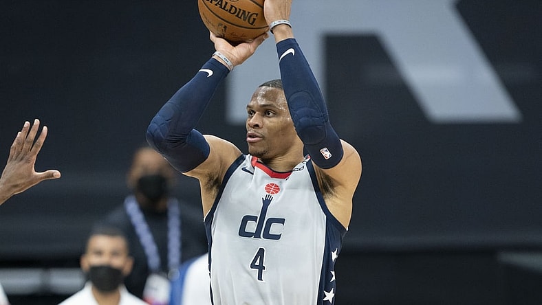 April 14, 2021; Sacramento, California, USA; Washington Wizards guard Russell Westbrook (4) shoots the basketball against the Sacramento Kings during the second quarter at Golden 1 Center. Mandatory Credit: Kyle Terada-USA TODAY Sports