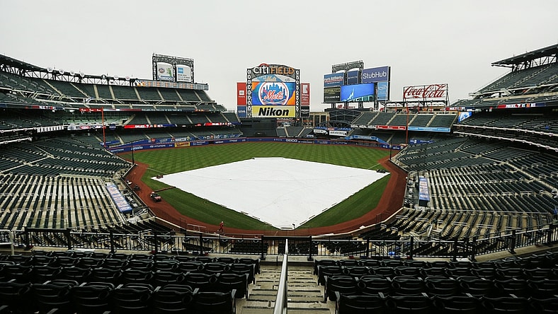 Apr 15, 2021; New York City, New York, USA; A general view of Citifield with the tarp on the infield prior to the game between the Philadelphia Phillies and the New York Mets at Citi Field. Mandatory Credit: Andy Marlin-USA TODAY Sports