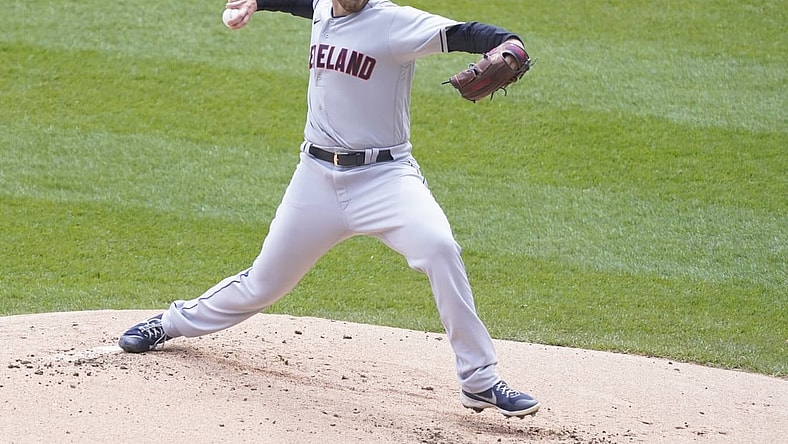 Apr 15, 2021; Chicago, Illinois, USA; Cleveland Indians starting pitcher Aaron Civale throws against the Chicago White Sox during the first inning at Guaranteed Rate Field. All players on both teams are wearing number 42 in honor of Jackie Robinson Day. Mandatory Credit: David Banks-USA TODAY Sports
